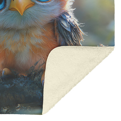 Cute Baby Owl with Big Blue Perched on Tree Branch Cozy Fleece Sherpa Blanket - Awakening Righteousness