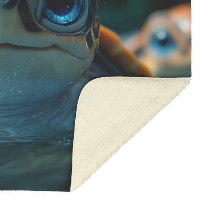 Cute Baby Turtle with Big Eyes and Charming Smile Floating in Serene Forest River Cozy Fleece Sherpa Blanket - Awakening Righteousness