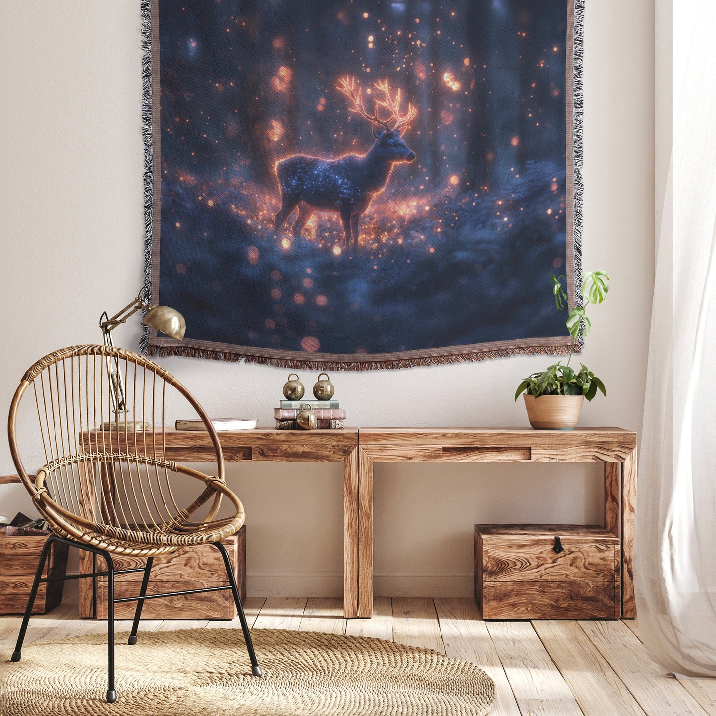 Deer with Glowing Antlers in Bioluminescent Forest Surrounded by Shimmering Plants Magical Woven Throw Blanket - Awakening Righteousness