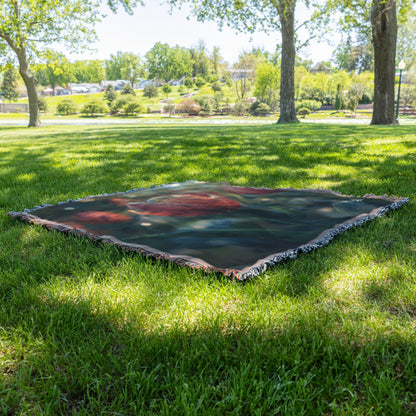 Dew Covered Red Tulip in a Morning Garden Woven Throw Blanket for Home Decor - Awakening Righteousness