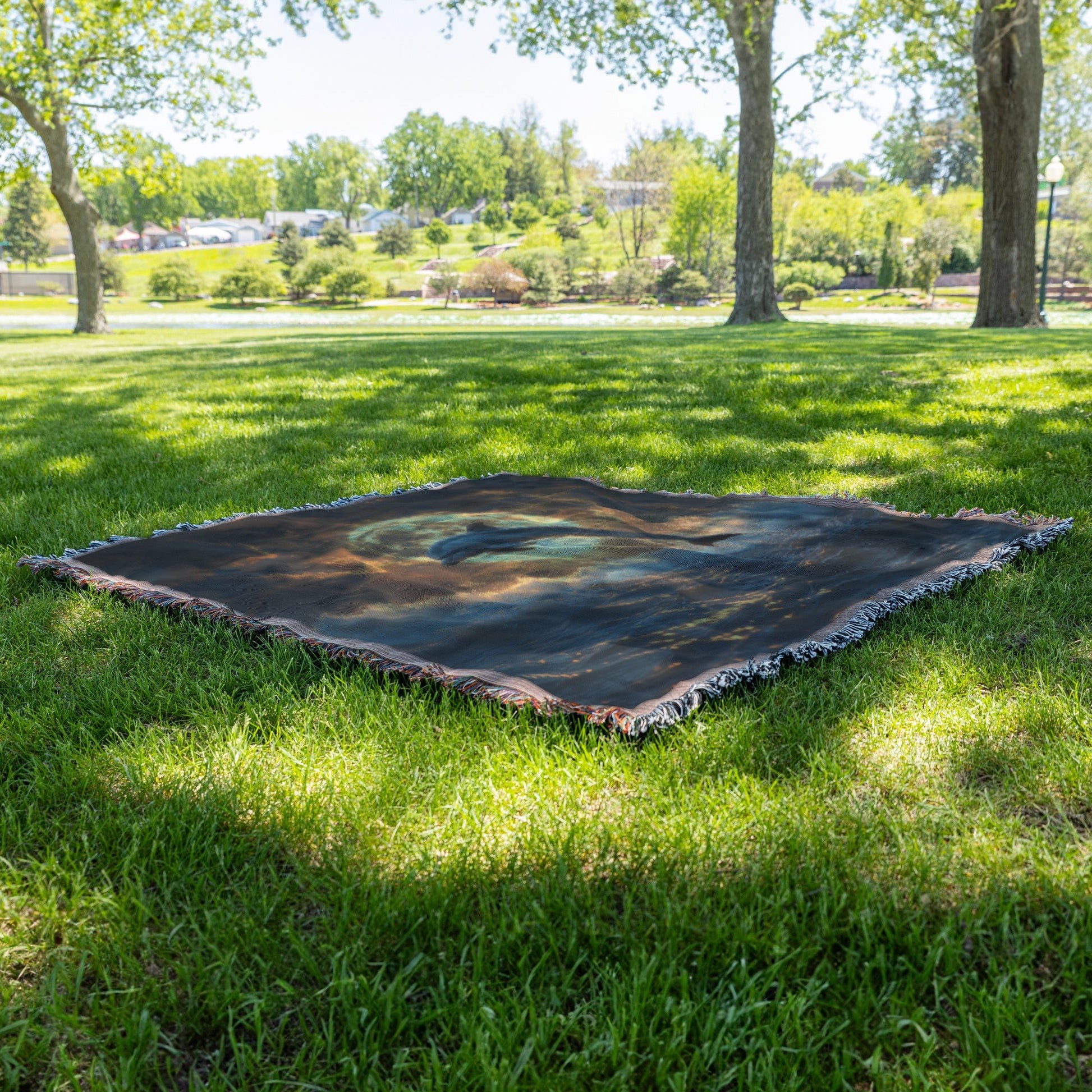 Dolphin Jumping Through Glowing Waves with Massive Full Moon in Background Woven Throw Blanket - Awakening Righteousness