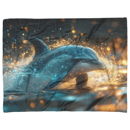 Dolphin Swimming Gracefully in Bioluminescent Ocean Glowing Blue Green Light Trails Magical Ethereal Sherpa Blanket - Awakening Righteousness
