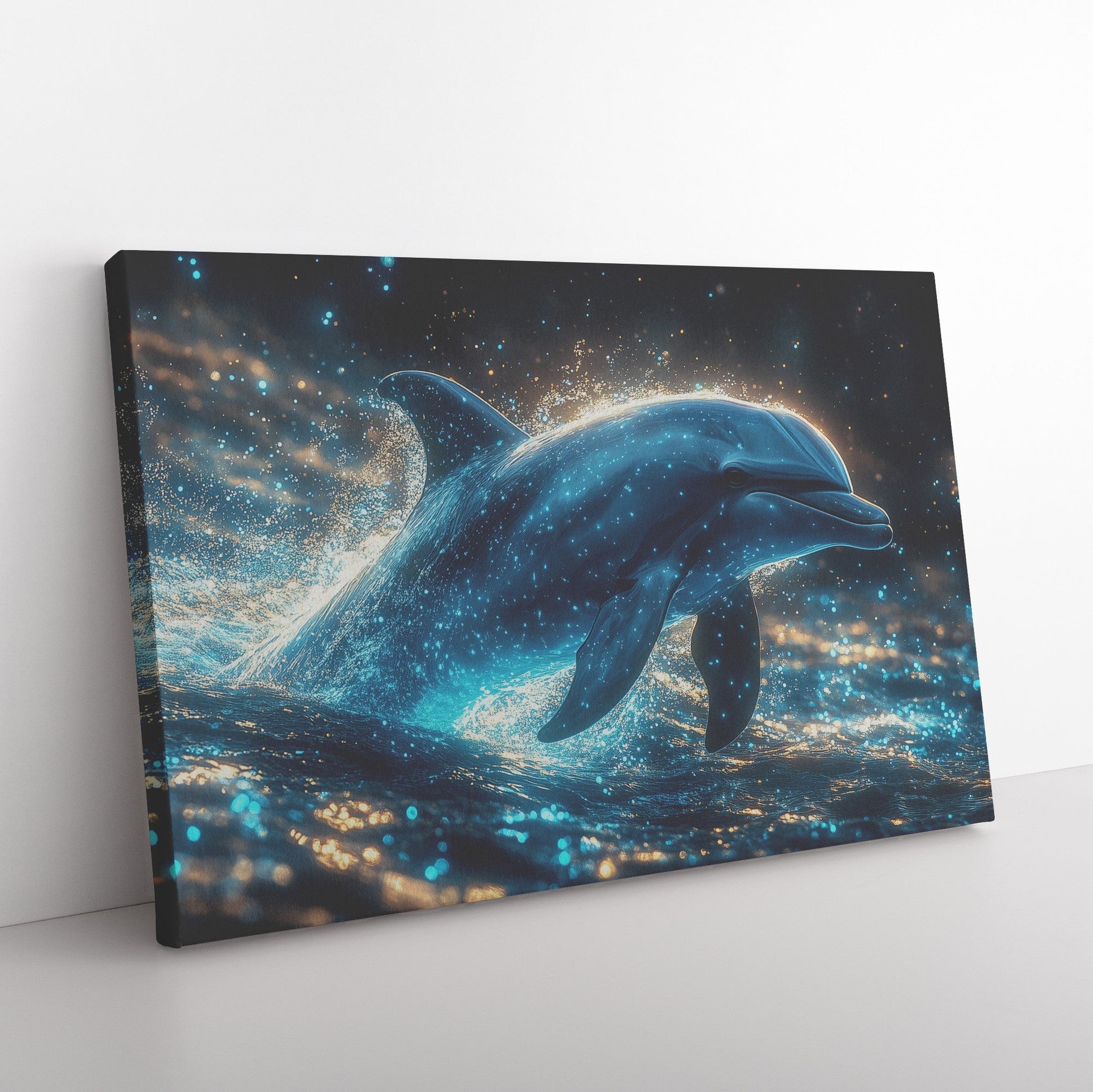 Dolphin Swimming Gracefully Through Bioluminescent Ocean with Glowing Blue and Green Light Trails Magical Canvas Art - Awakening Righteousness