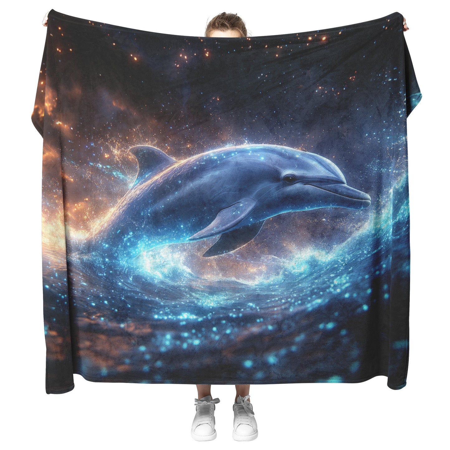 Dolphin Swimming Through Bioluminescent Ocean Glowing Blue Green Light Trails Magical Ethereal Fleece Sherpa Blanket - Awakening Righteousness
