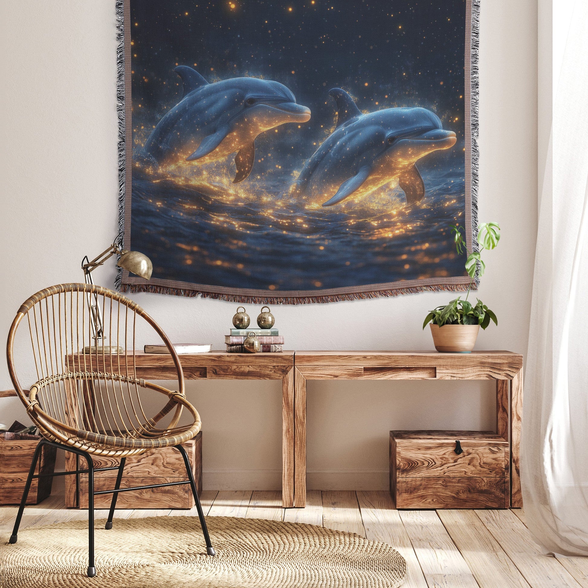 Dolphins Glowing Softly While Swimming Through Bioluminescent Waters Under Star Filled Sky Woven Throw Blanket - Awakening Righteousness