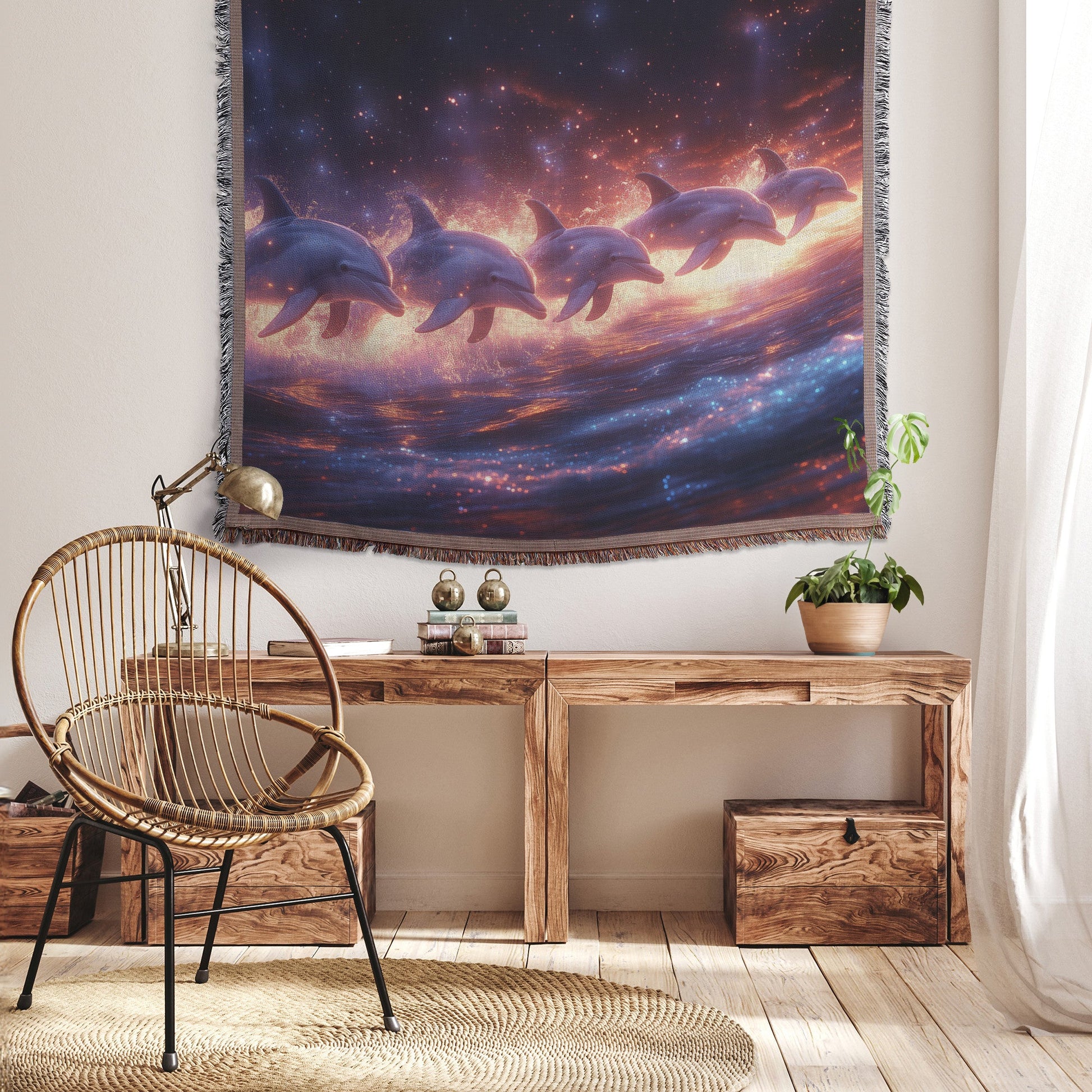 Dolphins Jumping in Synchronized Arcs Through Glowing Bioluminescent Waves at Twilight Woven Throw Blanket - Awakening Righteousness