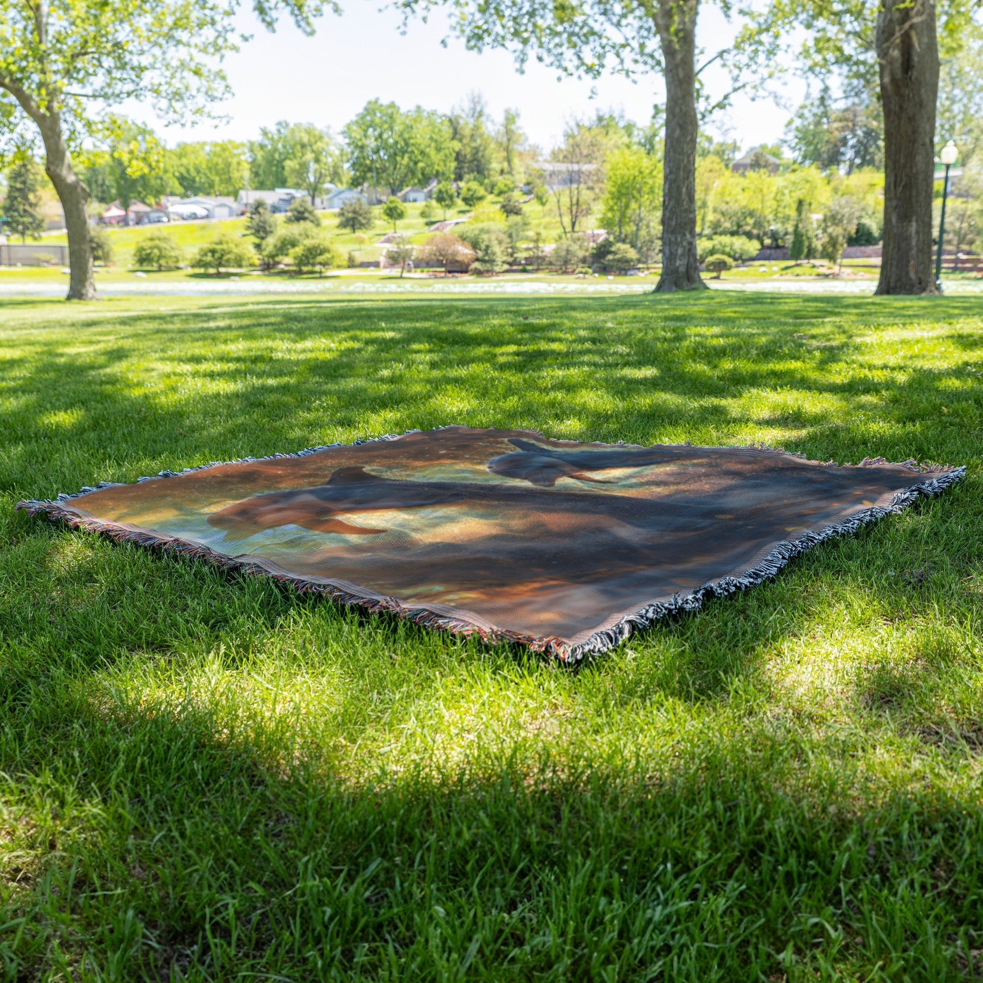 Dolphins Jumping Through Glowing Waves Under Golden Sunset Woven Throw Blanket - Awakening Righteousness