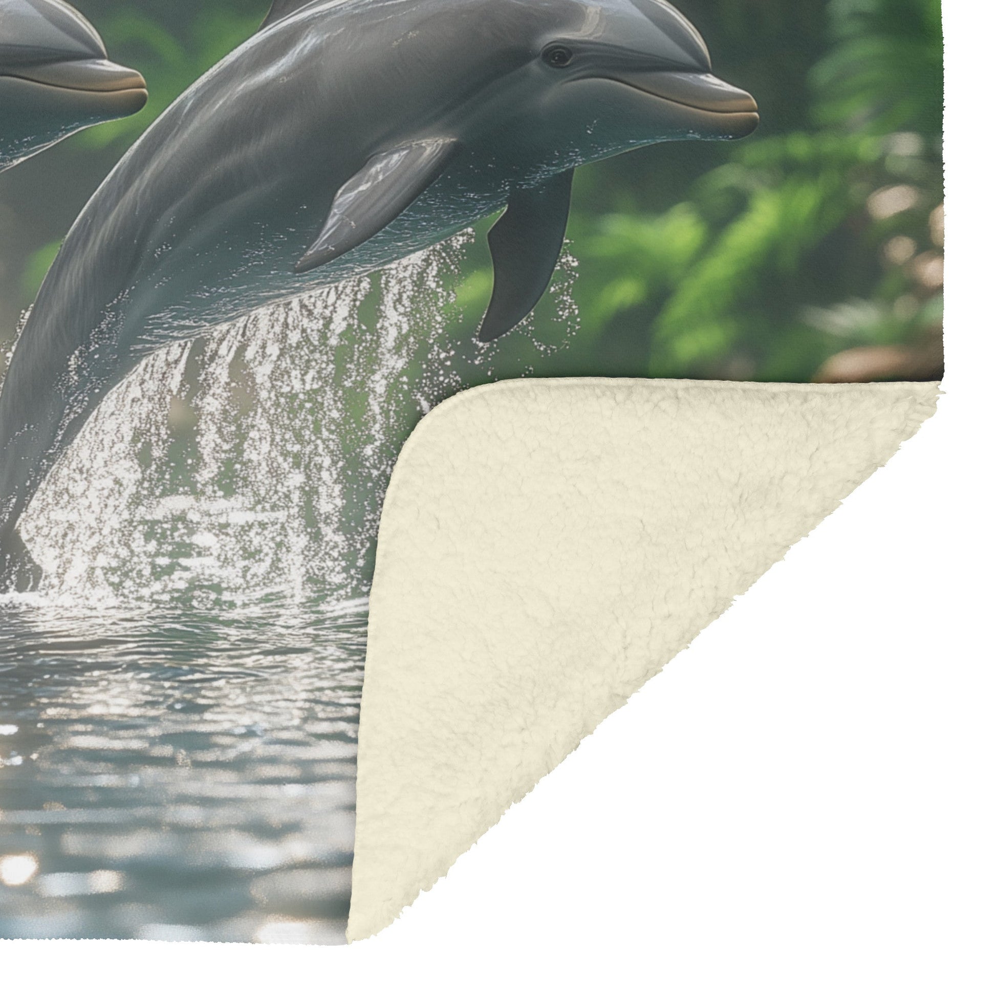 Dolphins Leaping by Waterfall in Lush Jungle Cozy Fleece Sherpa Blanket - Awakening Righteousness