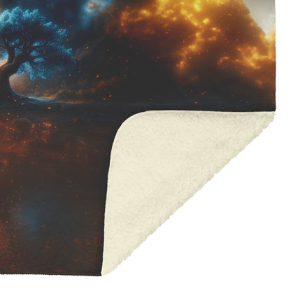 Dual Tree of Life Fleece Sherpa Blanket Glowing Night and Day Inspired by Gods Creation and the Balance of Light and Darkness - Awakening Righteousness