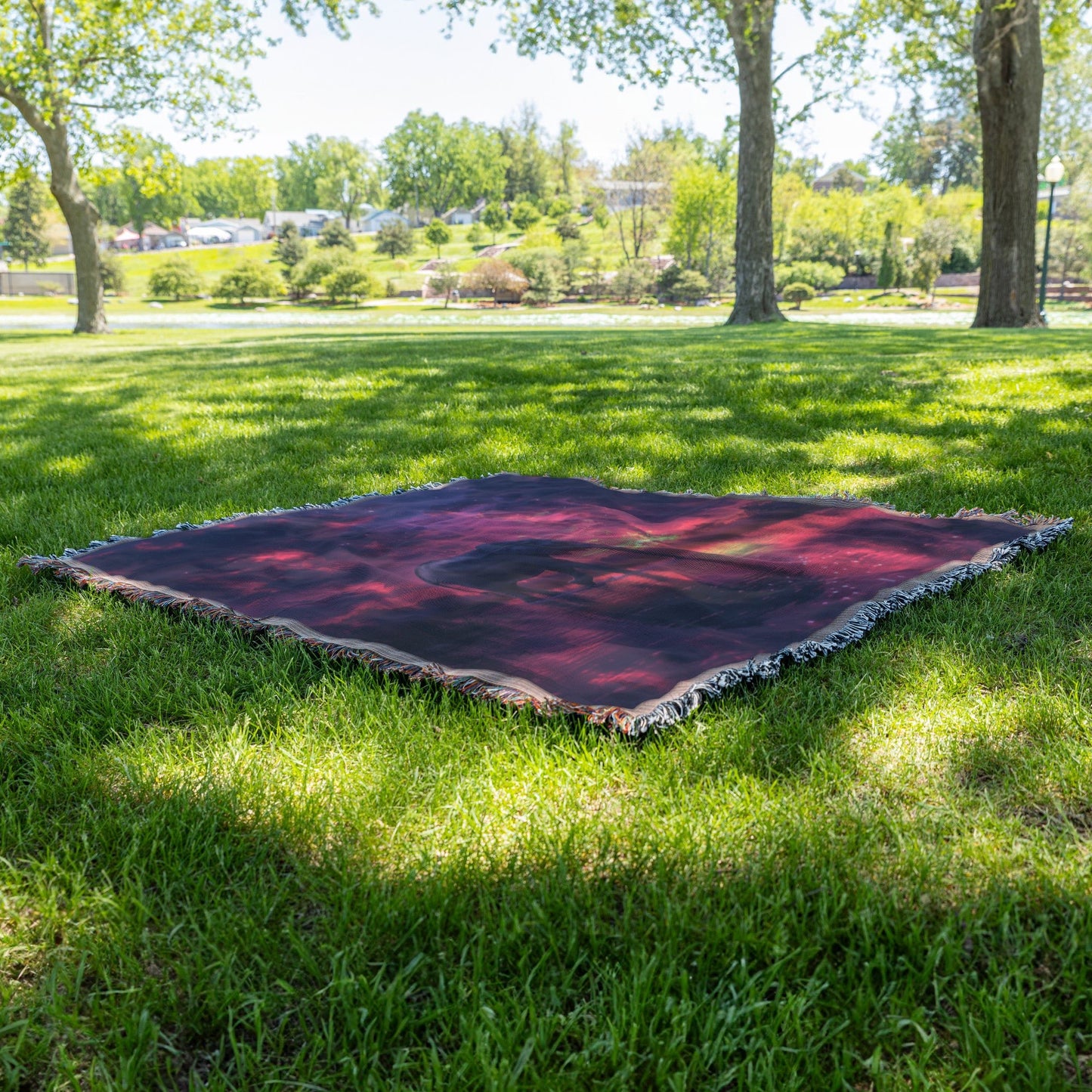 Elephant Walking Peacefully Across Glowing River Under Twilight Sky with Vibrant Water Reflection Woven Throw Blanket - Awakening Righteousness