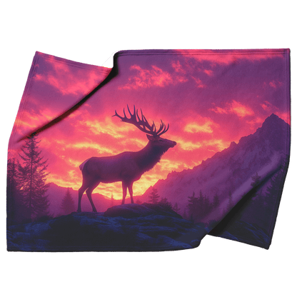 Elk Silhouetted Against Glowing Twilight Sky With Pink Purple and Orange Hues Standing on Peaceful Mountain Ridge Fleece Sherpa Blanket - Awakening Righteousness
