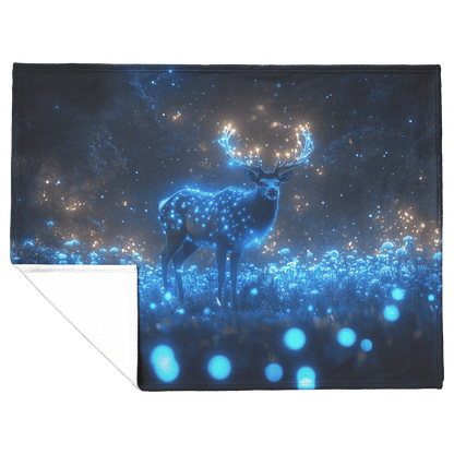 Elk Standing Tall in Bioluminescent Forest Surrounded by Glowing Plants and Blue Mist Under Starry Night Sky Fleece Sherpa Blanket - Awakening Righteousness