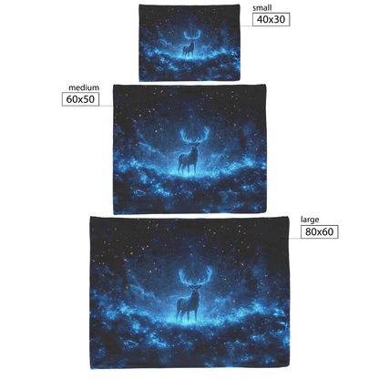 Elk Standing Tall in Bioluminescent Forest Surrounded by Glowing Plants and Blue Mist Under Starry Night Sky Fleece Sherpa Blanket - Awakening Righteousness