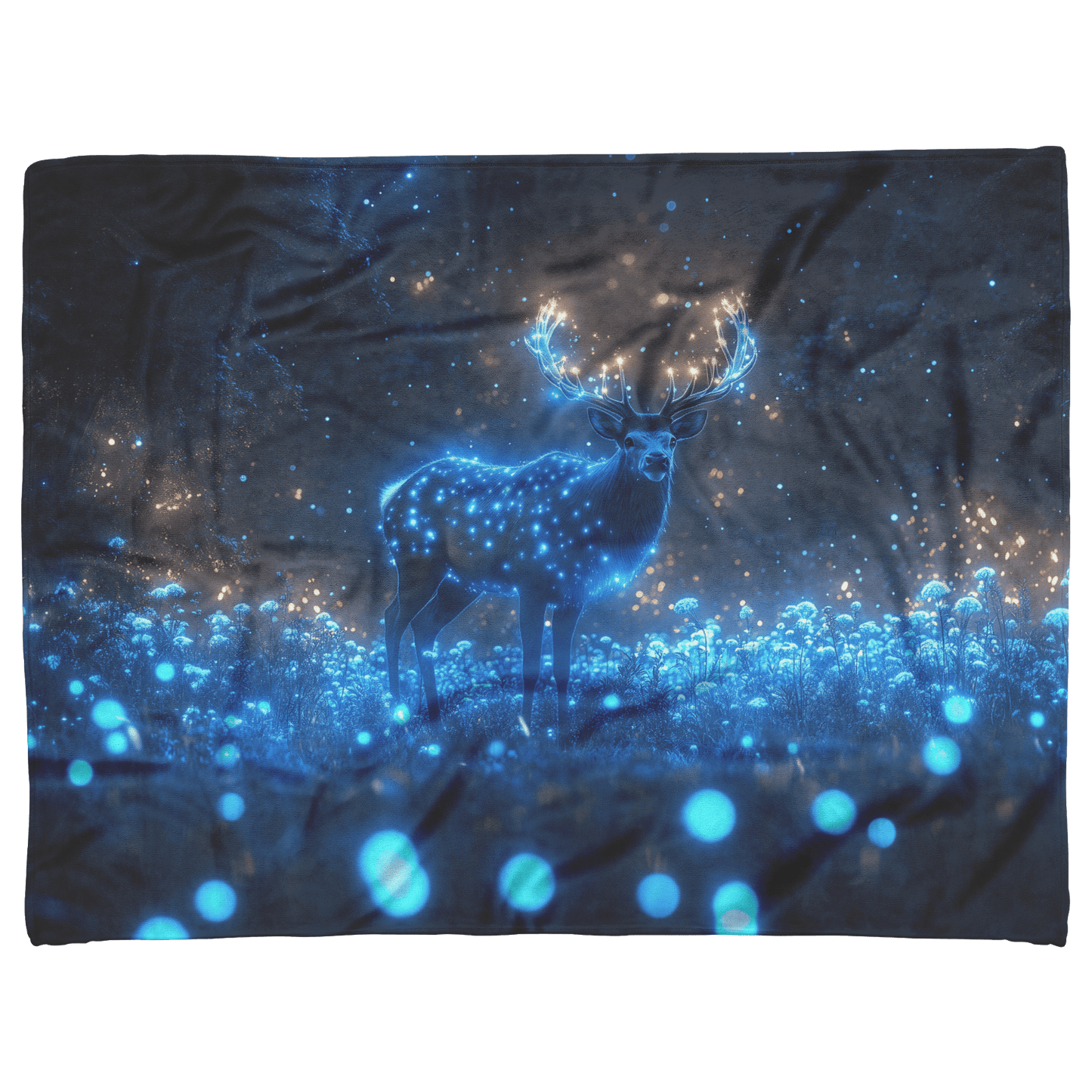 Elk Standing Tall in Bioluminescent Forest Surrounded by Glowing Plants and Blue Mist Under Starry Night Sky Fleece Sherpa Blanket - Awakening Righteousness