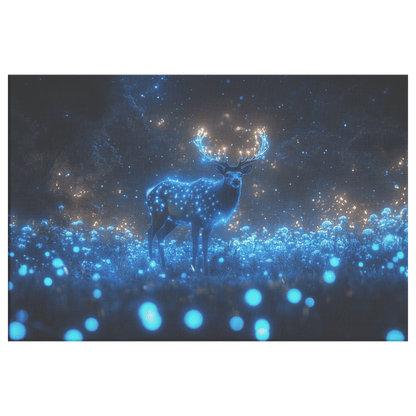 Elk Standing Tall In Bioluminescent Forest With Glowing Plants And Blue Mist Under Starry Night Sky Canvas Wall Art Decor - Awakening Righteousness