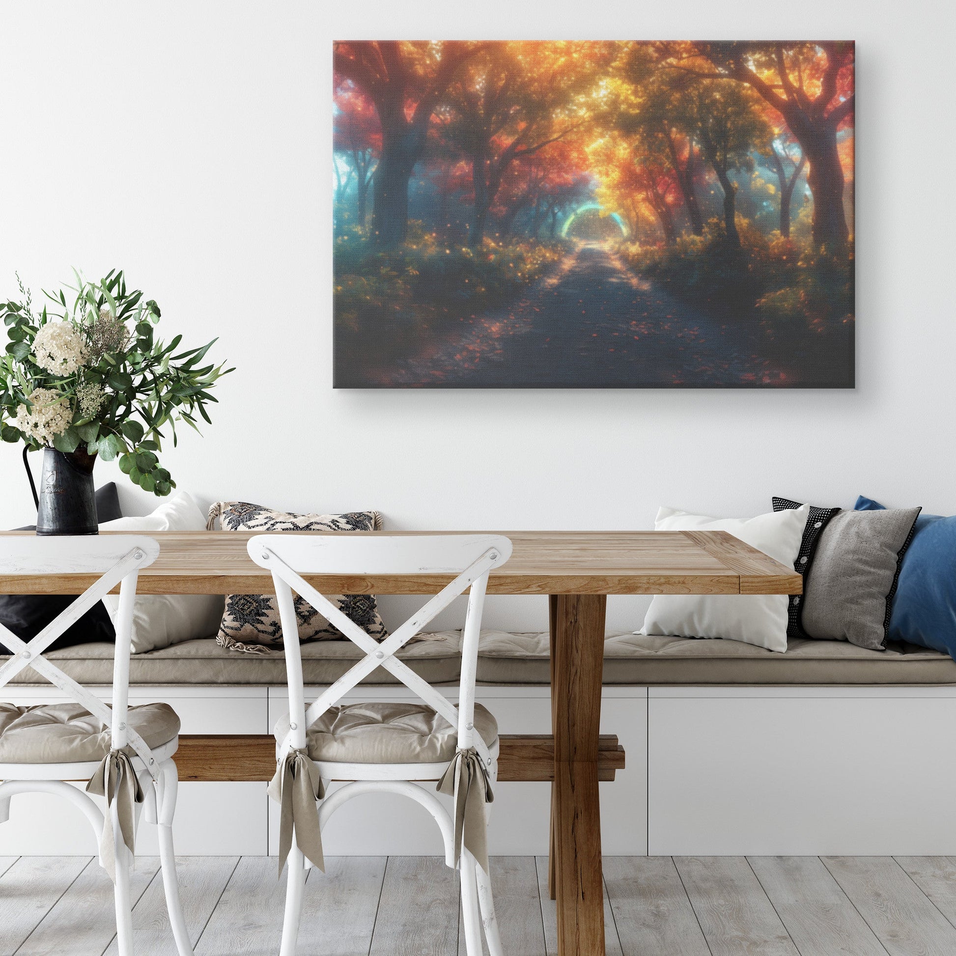 Enchanting Rainbow Pathway in Mystical Forest Glowing Trees Sparkling Light Golden Mist Canvas Wall Art - Awakening Righteousness