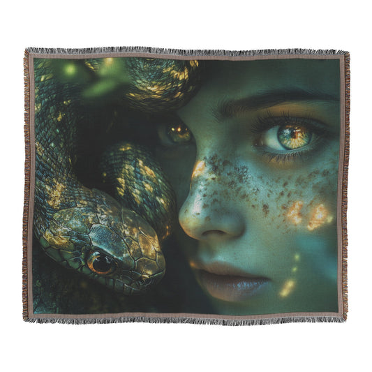 Eve and Serpent in the Garden of Eden with Glowing Eyes Woven Throw Blanket for Home Decor - Awakening Righteousness