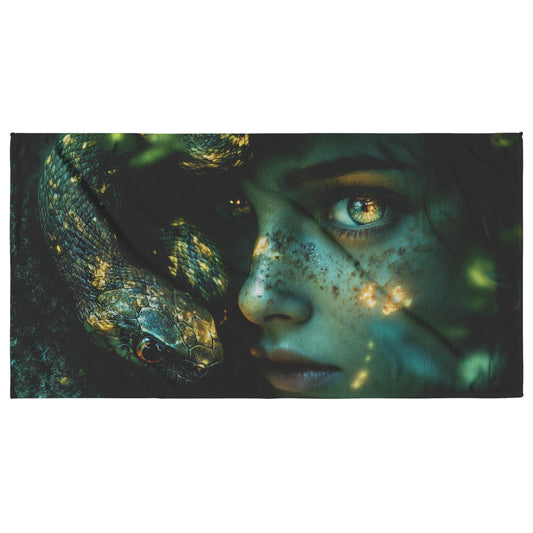 Eve and the Serpent Beach Towel Mystical Biblical Art Inspired by the Garden of Eden in Captivating Green and Gold - Awakening Righteousness