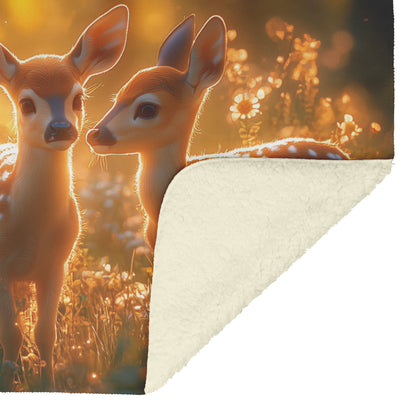 Family of Deer Grazing in Misty Meadow with Blooming Wildflowers and Glowing Morning Light Fleece Sherpa Blanket - Awakening Righteousness