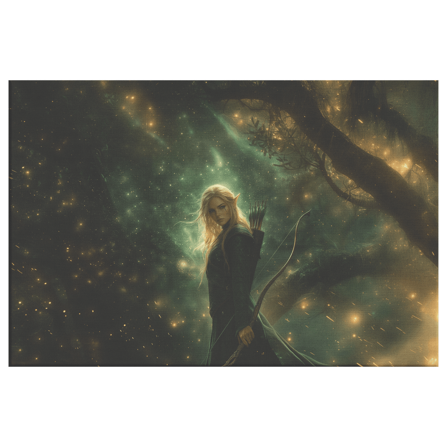 Female Blood Elf Hunter Standing in Dense Forest Glowing Arrows Shimmering Stars Radiant Green Mist Canvas Wall Art - Awakening Righteousness