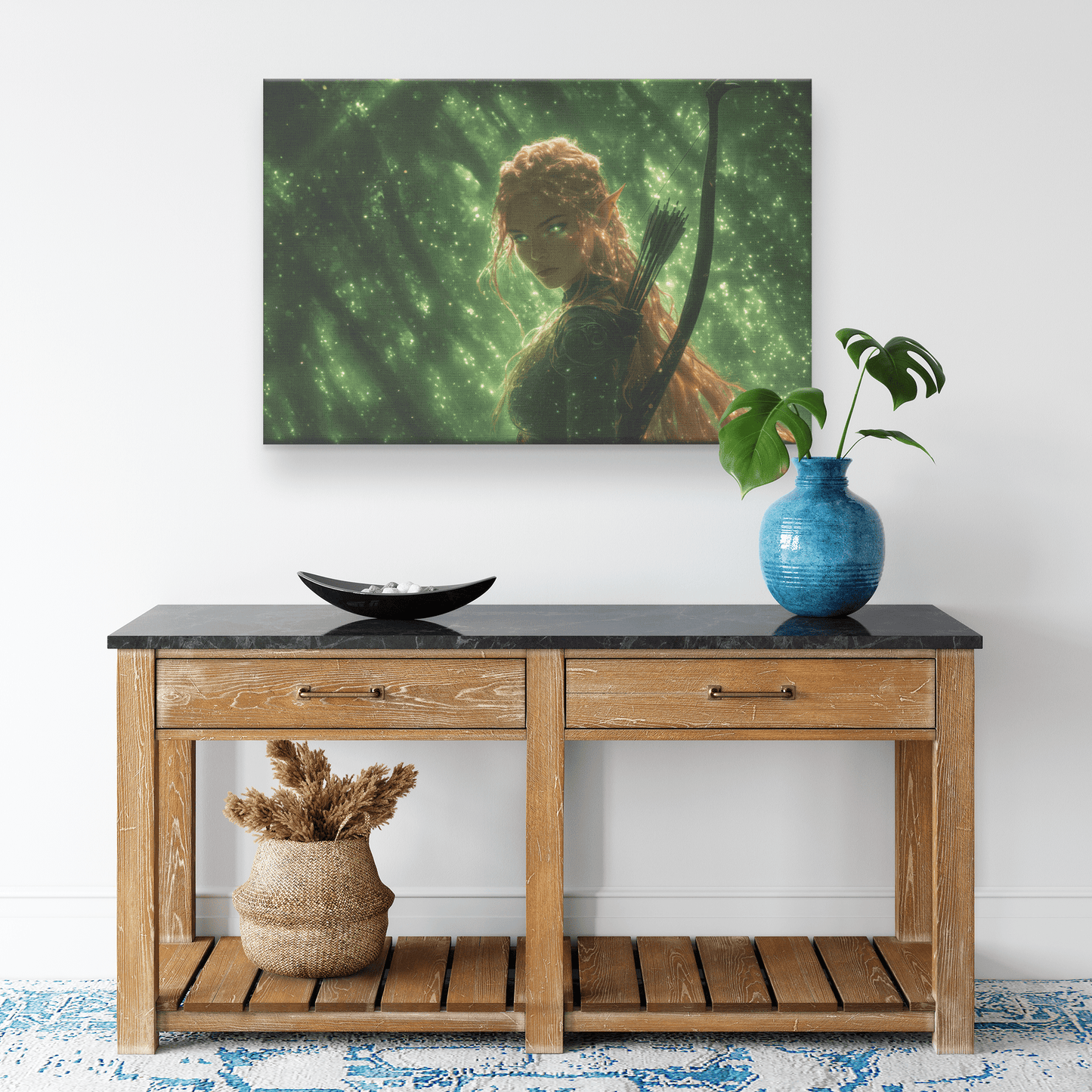Female Blood Elf Hunter Standing in Dense Forest Glowing Arrows Shimmering Stars Radiant Green Mist Canvas Wall Art - Awakening Righteousness