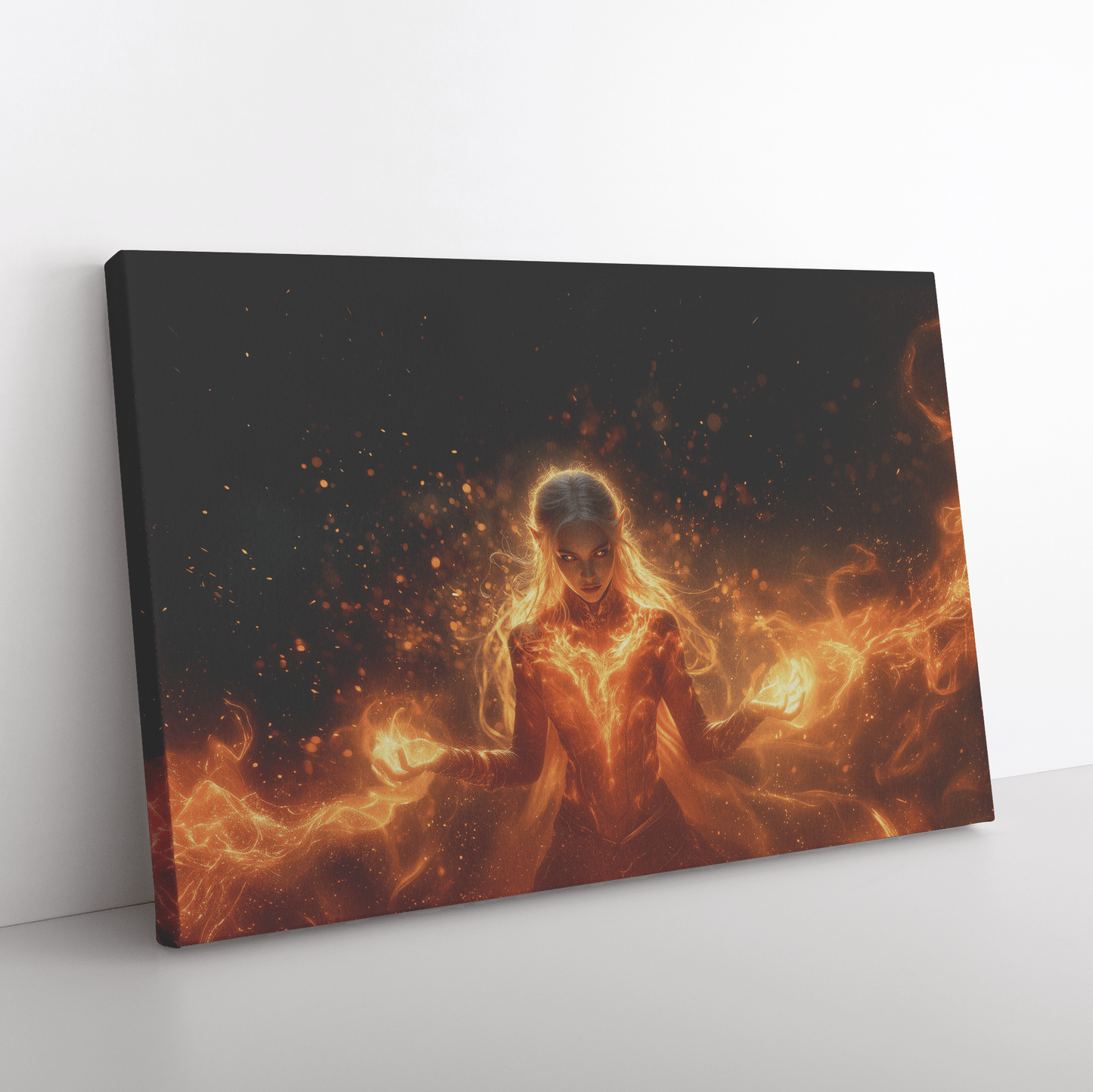 Female Blood Elf Mage Casting Fireball Radiant Red Orange Trails Shimmering Golden Textures Cascading Stars Canvas Art - Awakening Righteousness