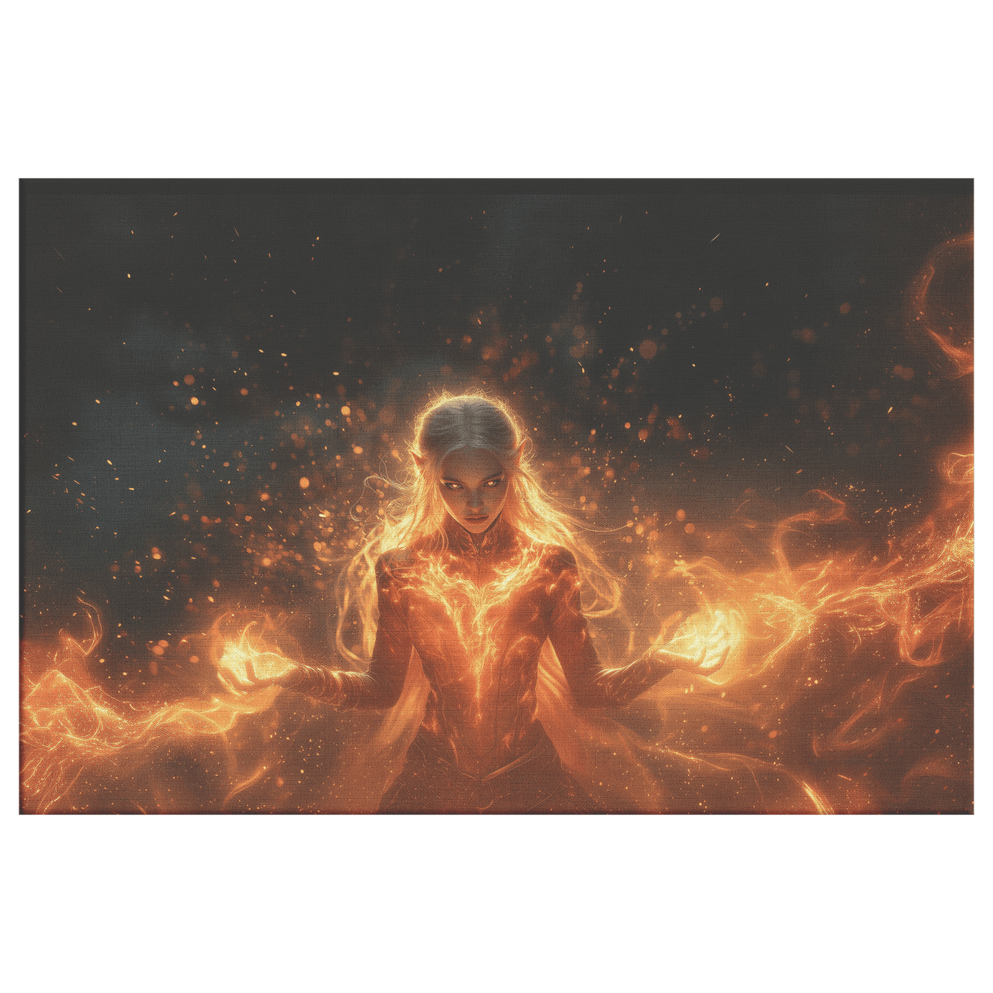 Female Blood Elf Mage Casting Fireball Radiant Red Orange Trails Shimmering Golden Textures Cascading Stars Canvas Art - Awakening Righteousness