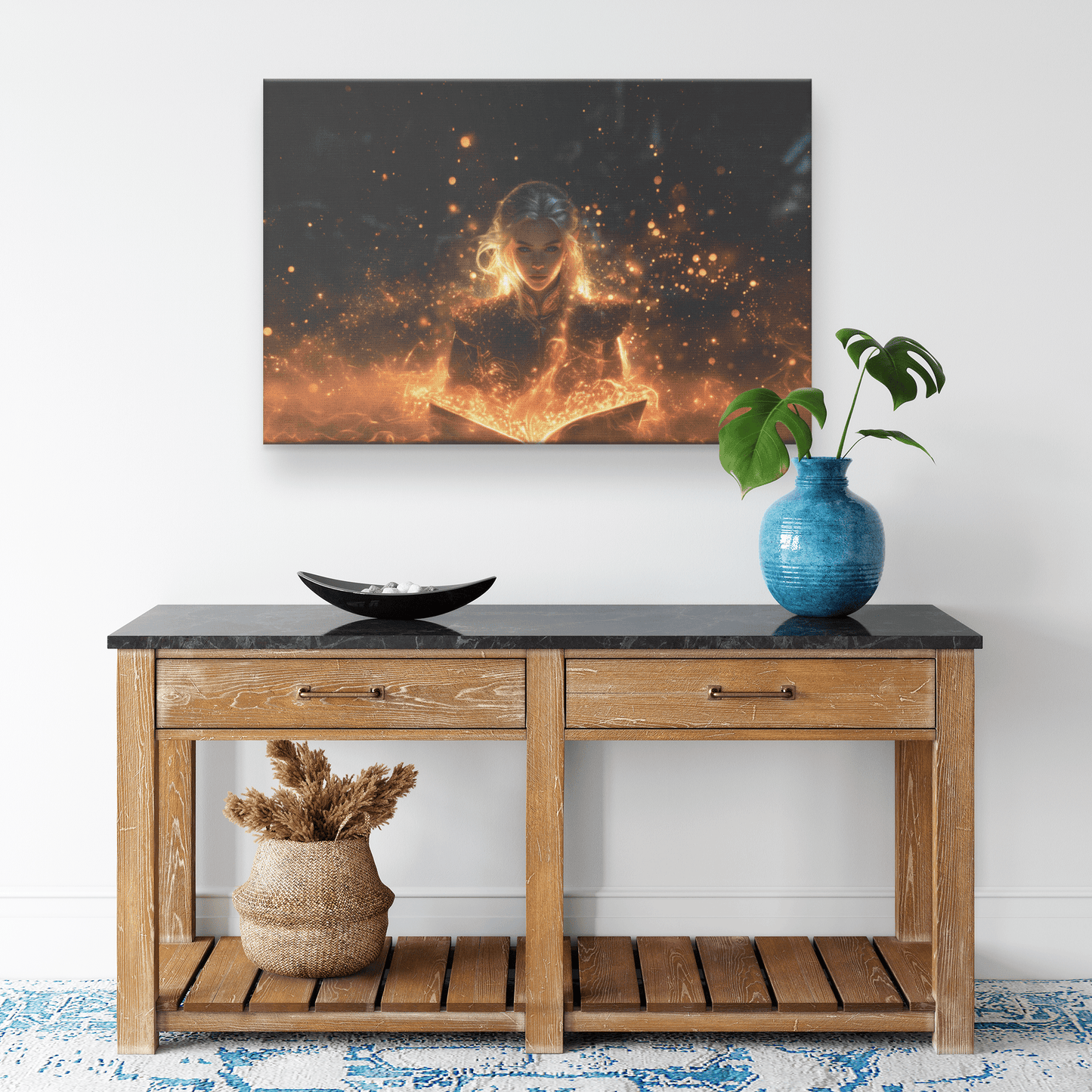 Female Blood Elf Mage Conjuring Arcane Shields Shimmering Stars Radiant Cosmic Textures Canvas Wall Art - Awakening Righteousness