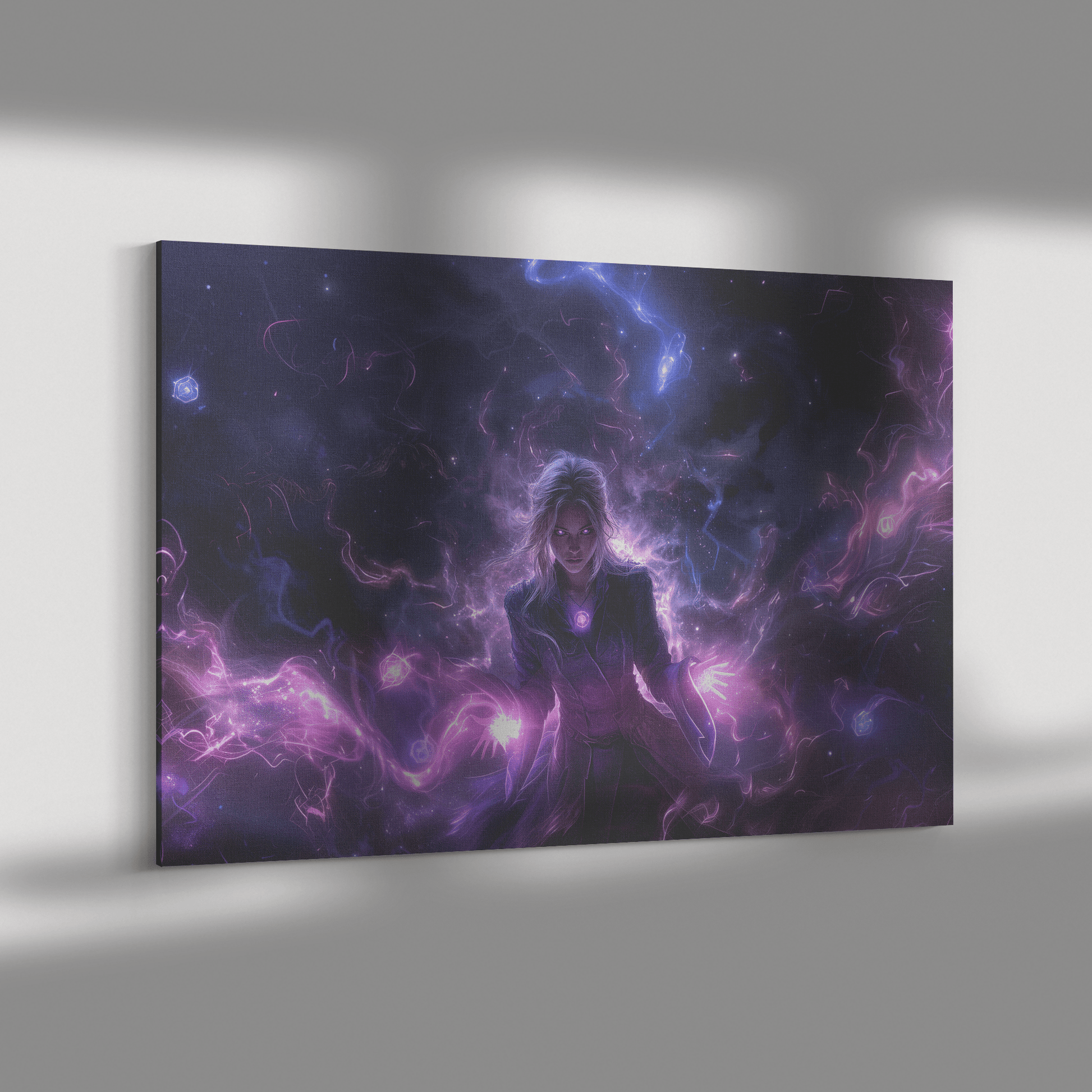Female Blood Elf Mage Glowing Purple Robes Shimmering Cosmic Textures Radiant Arcane Symbols WoW Canvas Wall Artv - Awakening Righteousness