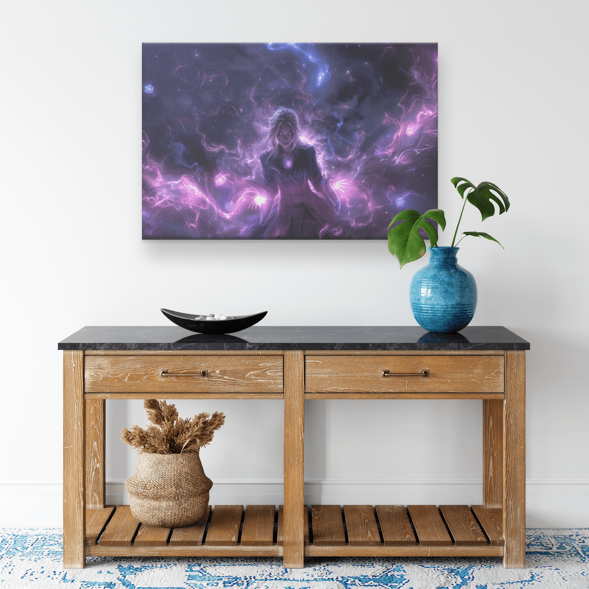 Female Blood Elf Mage Glowing Purple Robes Shimmering Cosmic Textures Radiant Arcane Symbols WoW Canvas Wall Artv - Awakening Righteousness