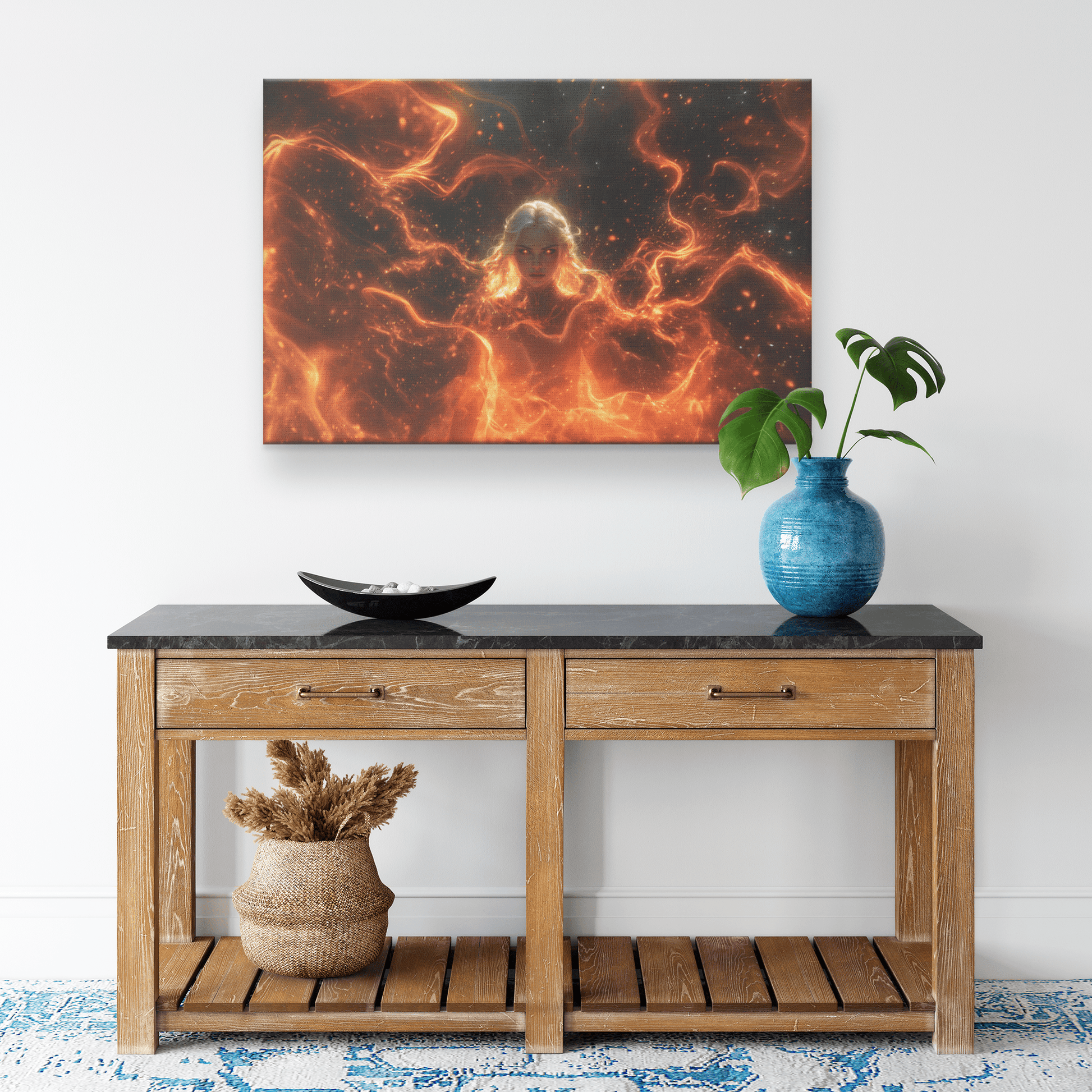 Female Blood Elf Mage Summoning Fiery Magic Swirling Red Gold Flames Shimmering Stars Glowing Accents Canvas Wall Art - Awakening Righteousness