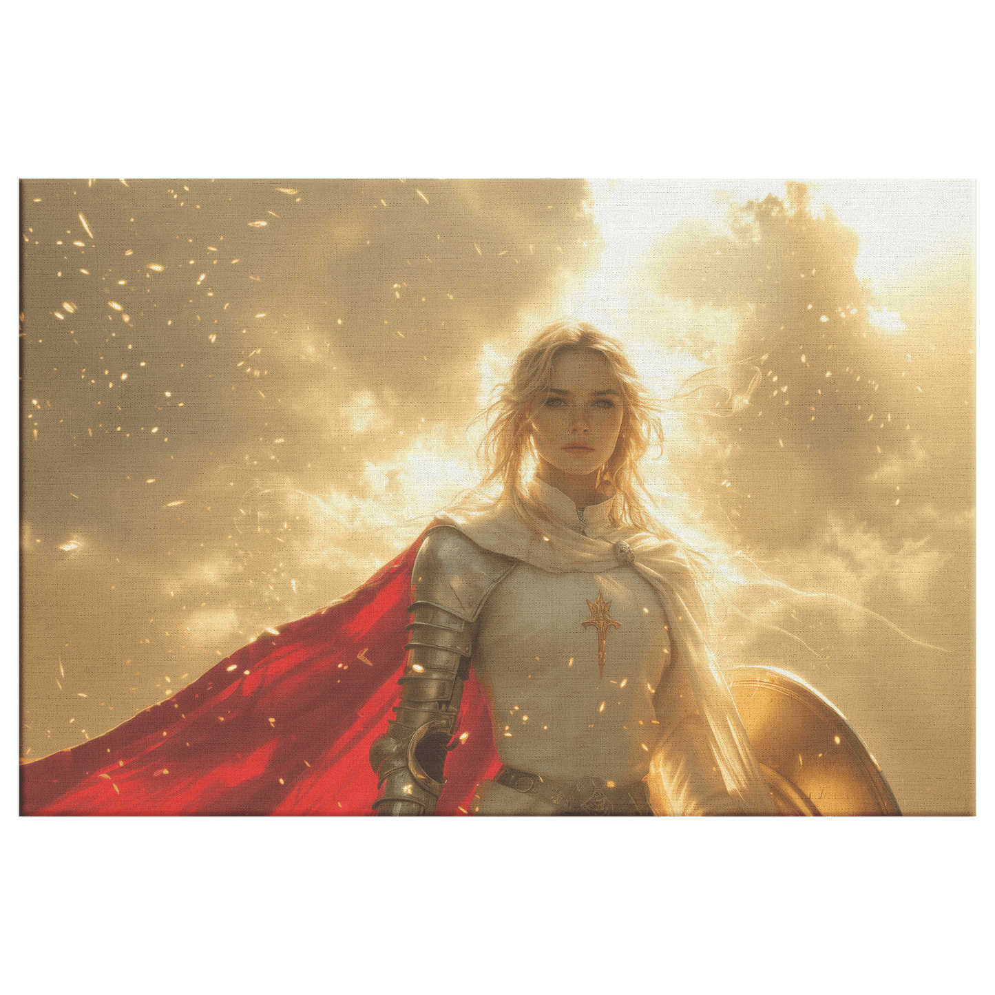 Female Blood Elf Paladin Silver Red Plate Armor Shield Golden Glow Shimmering Textures Canvas Wall Art - Awakening Righteousness