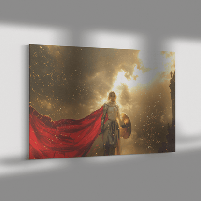 Female Blood Elf Paladin Silver Red Plate Armor Shield Golden Glow Shimmering Textures Cascading Light Trails Canvas Art - Awakening Righteousness