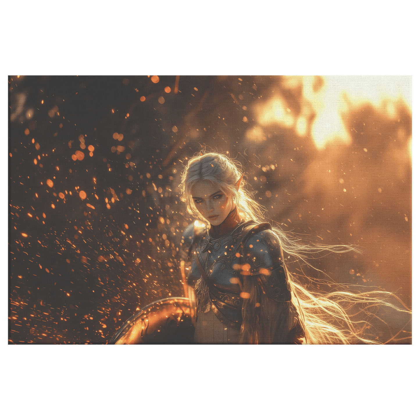 Female Blood Elf Paladin Silver Red Plate Armor Shield Golden Glow Shimmering Textures Cascading Light Trails Canvas Wall Art - Awakening Righteousness