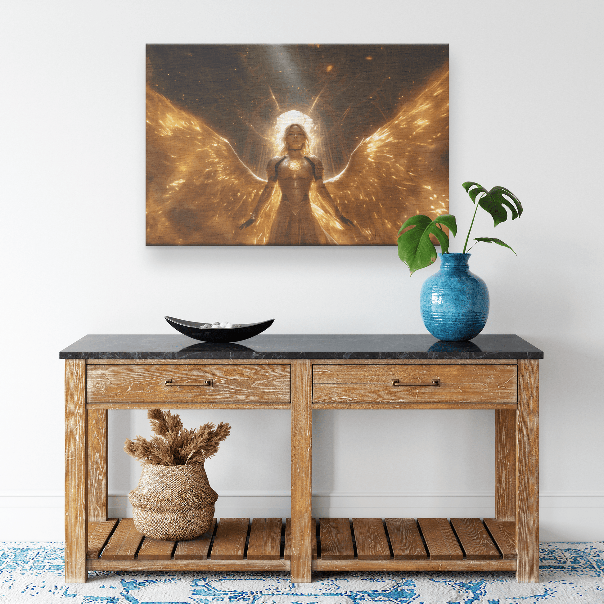 Female Blood Elf Paladin Sunlit Temple Golden Armor Intricate Patterns Shimmering Light Rays Radiant Accents Canvas Wall Art - Awakening Righteousness