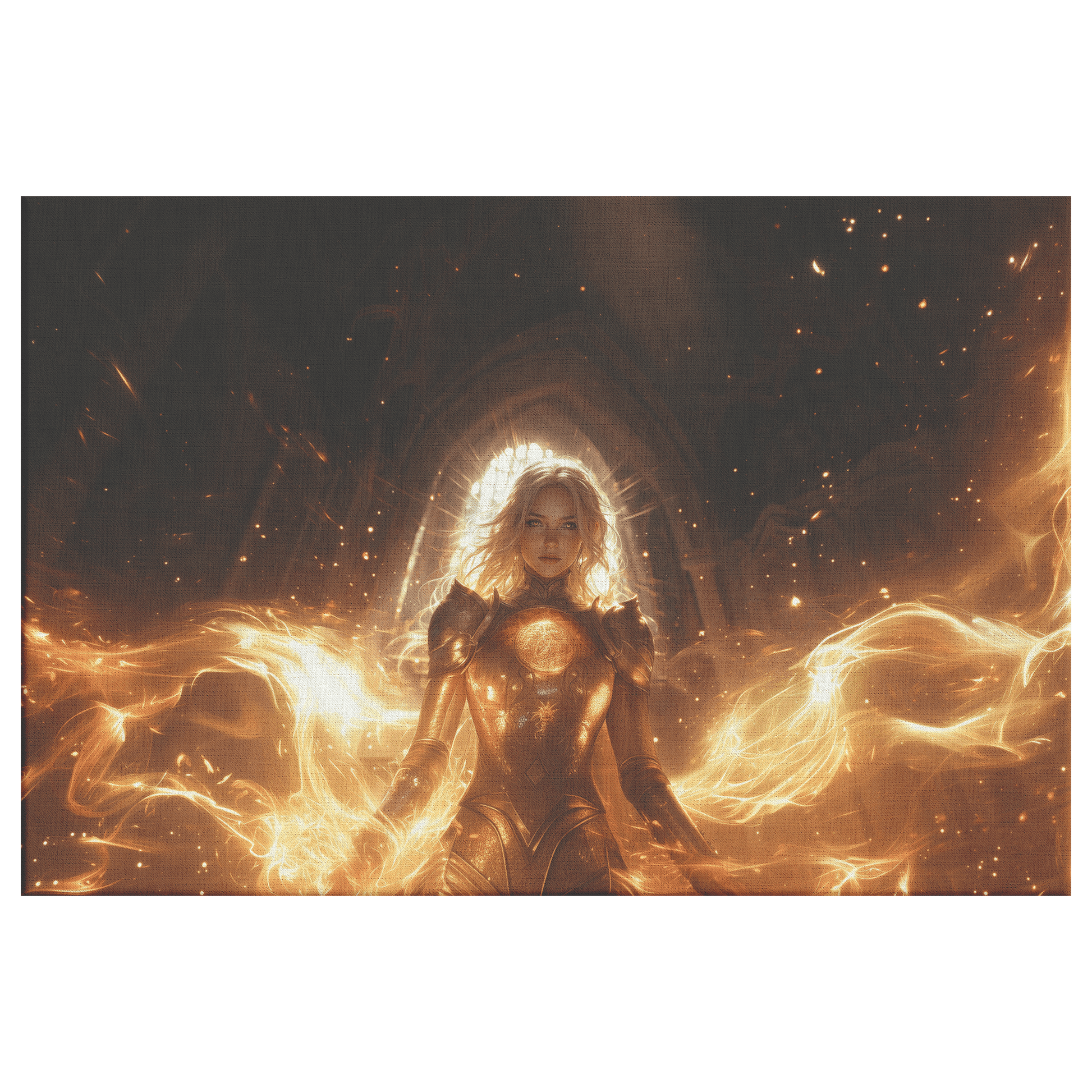Female Blood Elf Paladin Sunlit Temple Golden Armor Intricate Patterns Shimmering Light Rays Radiant Accents Canvas Wall Art - Awakening Righteousness