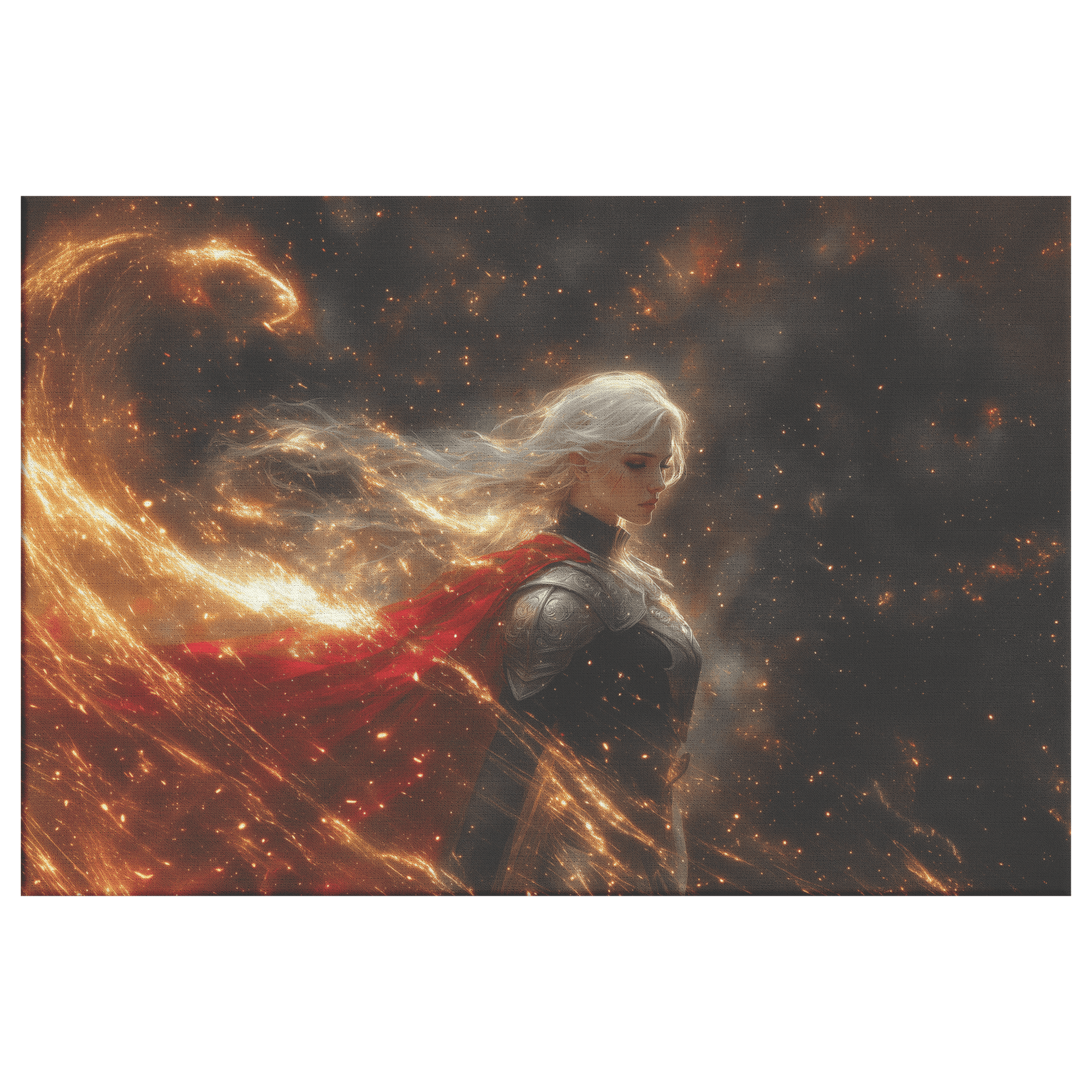 Female Blood Elf Priest Summoning Holy Light Radiant Silver Gold Accents Shimmering Stars Cascading Textures Canvas Wall Art - Awakening Righteousness