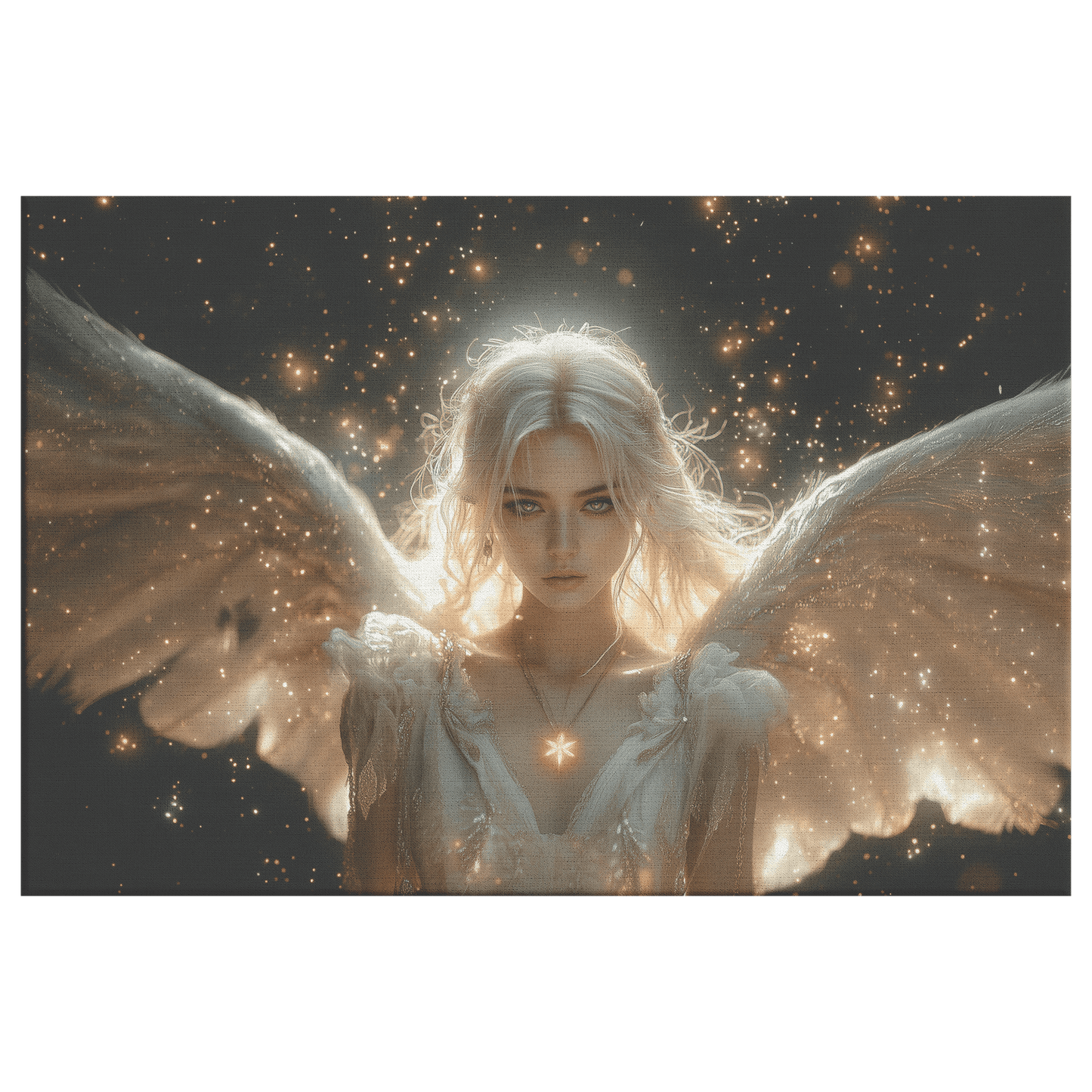 Female Blood Elf Priest Summoning Holy Light Silver Gold Accents Shimmering Stars Cascading Texture Canvas Wall Art - Awakening Righteousness