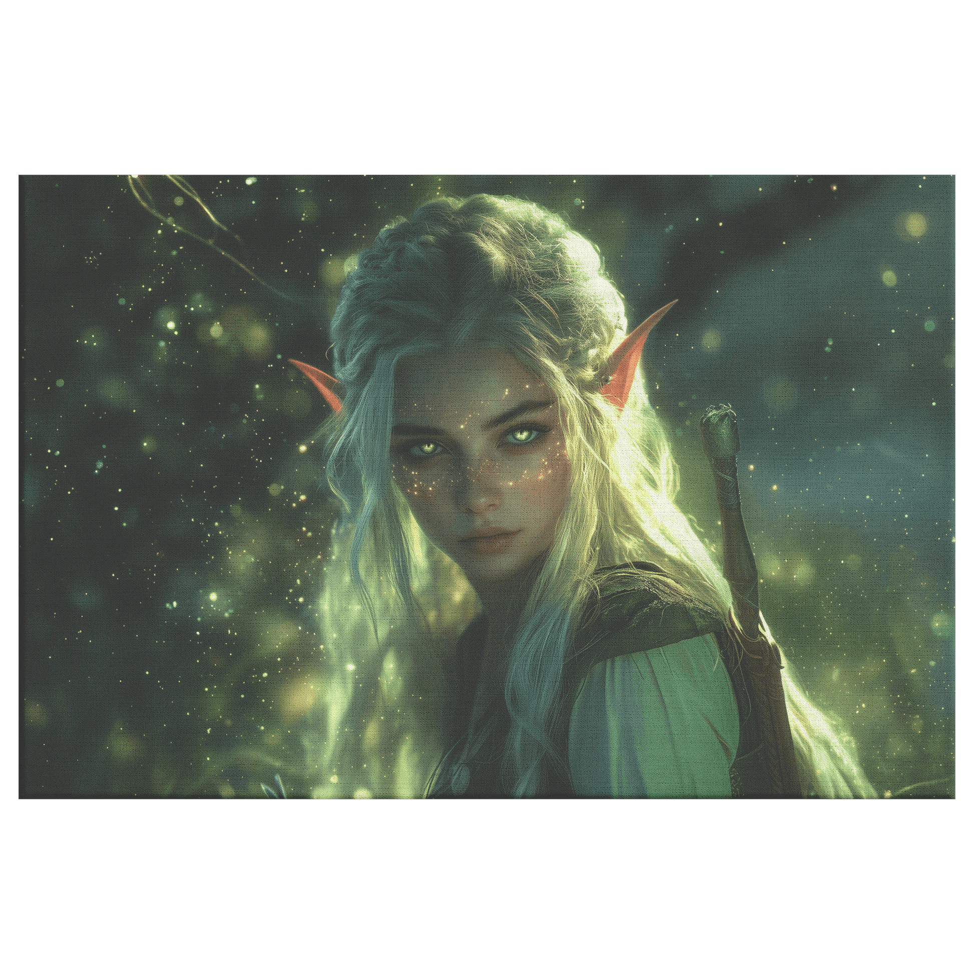 Female Blood Elf Rogue Crouching in Shadows Shimmering Silver Highlights Glowing Cosmic Textures Canvas Wall Art - Awakening Righteousness