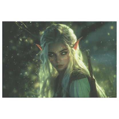 Female Blood Elf Rogue Crouching in Shadows Shimmering Silver Highlights Glowing Cosmic Textures Canvas Wall Art - Awakening Righteousness
