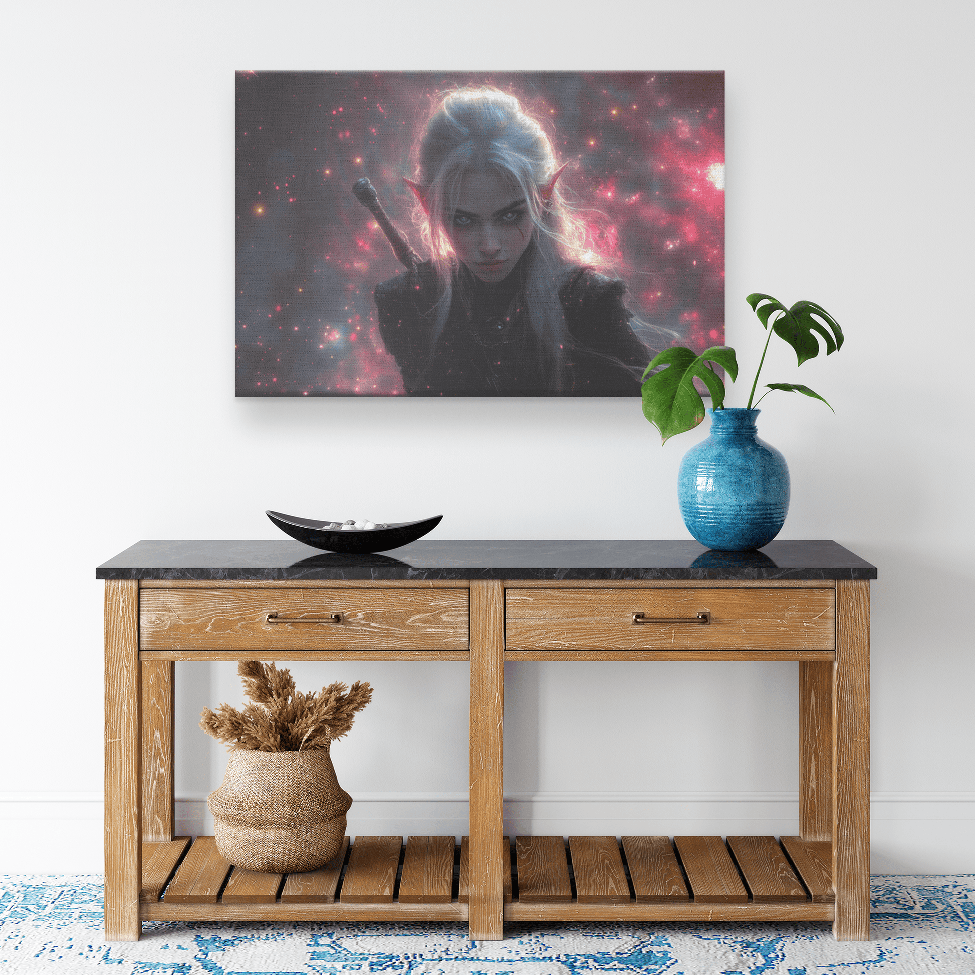 Female Blood Elf Rogue Dual Daggers Shimmering Stars Radiant Cosmic Textures Canvas Wall Art - Awakening Righteousness