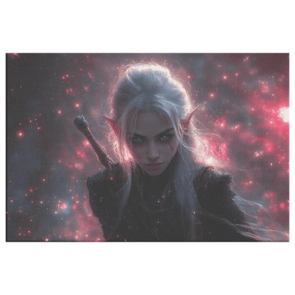 Female Blood Elf Rogue Dual Daggers Shimmering Stars Radiant Cosmic Textures Canvas Wall Art - Awakening Righteousness