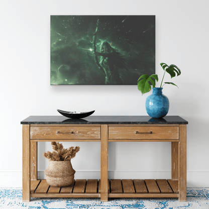 Female Night Elf Hunter Green Silver Armor Glowing Bow Shimmering Stars Cascading Light Trails WoW Canvas Wall Art Decor - Awakening Righteousness