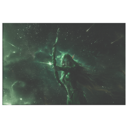 Female Night Elf Hunter Green Silver Armor Glowing Bow Shimmering Stars Cascading Light Trails WoW Canvas Wall Art Decor - Awakening Righteousness