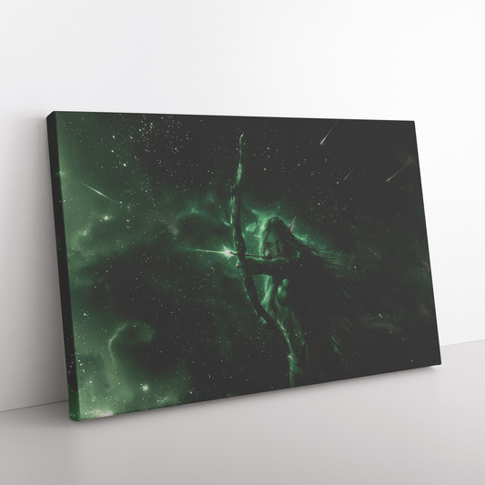 Female Night Elf Hunter Green Silver Armor Glowing Bow Shimmering Stars Cascading Light Trails WoW Canvas Wall Art Decor - Awakening Righteousness
