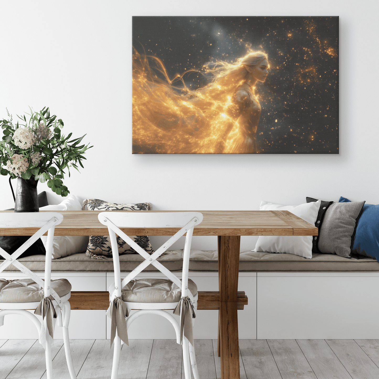 Female Night Elf Paladin Golden Armor Shimmering Stars Glowing Cosmic Reflections Canvas Wall Art - Awakening Righteousness