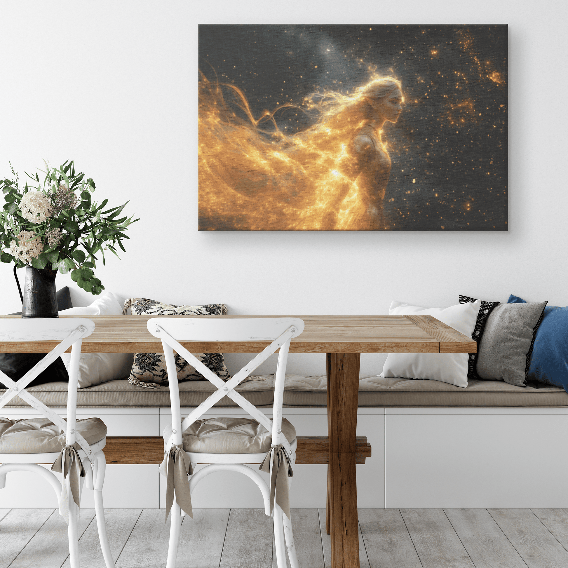 Female Night Elf Paladin Golden Armor Shimmering Stars Glowing Cosmic Reflections Canvas Wall Art - Awakening Righteousness