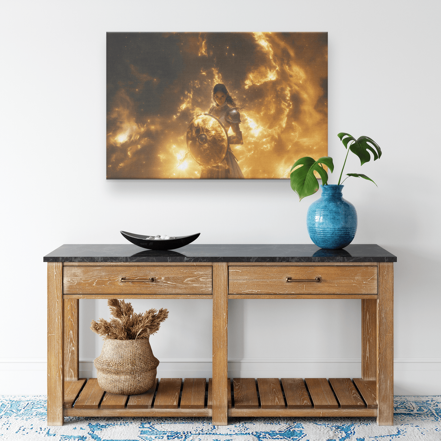 Female Night Elf Paladin Silver Gold Plate Armor Shield Radiant Light Cosmic Mist Glowing Textures Canvas Wall Art - Awakening Righteousness