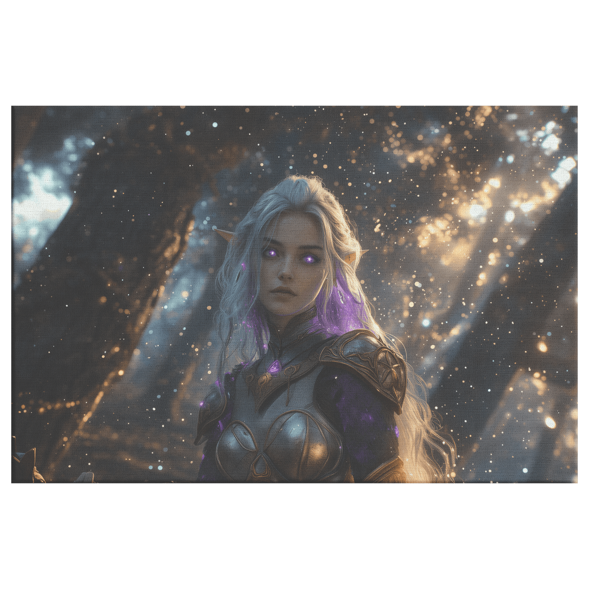 Female Night Elf Paladin Silver Purple Armor Glowing Golden Accents Shimmering Silver Light Cascading Stars Canvas Wall Art - Awakening Righteousness