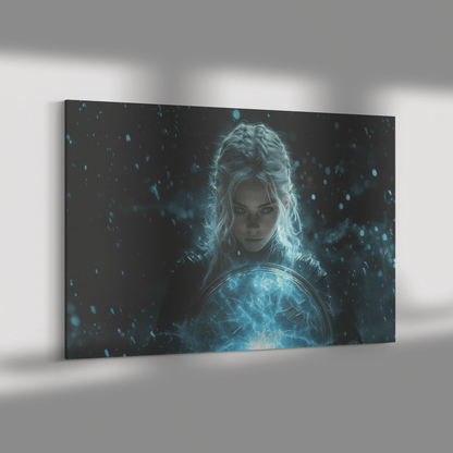 Female Night Elf Paladin Wielding Glowing Shield Shimmering Textures Cascading Silver Highlights Canvas Wall Art - Awakening Righteousness